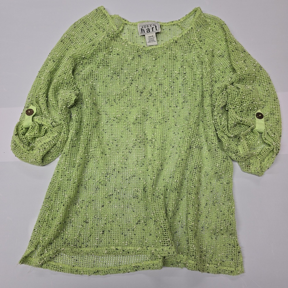 Vintage Keren Hart Lime Green Speckled Mesh‎ Knit Top Roll Tab Sleeves Women XL - Picture 1 of 5